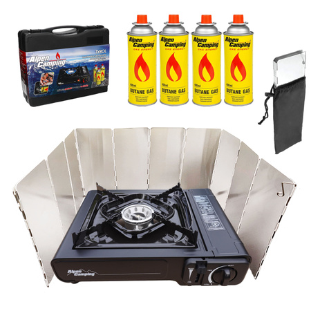 ALPEN CAMPING Kuchenka turystyczna TYROL IK002 x1 +  ALPEN CAMPING Osłona przeciwwiatrowa do kuchenki turystycznej + ALPEN CAMPING Kartusz Gazowy IK1004 400ml 227g x4