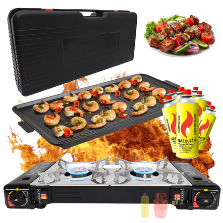 Kuchenka dwupalnikowa ze stali nierdzewnej w walizce z tworzywa sztucznego x1 + TIROSS Patelnia / nakładka grillowa do kuchenek turystycznych TS-271 x1 + INTER GLOBUS Kartusz Gazowy 400ml 227g x8