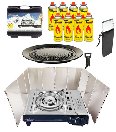 ALPEN CAMPING Kuchenka turystyczna MOUNT EVEREST + ALPEN CAMPING Osłona przeciwwiatrowa do kuchenki turystycznej + ALPEN CAMPING Kartusz Gazowy IK1004 400ml 227g x8 + IMEX Nakładka grillowa 30,5cm x1
