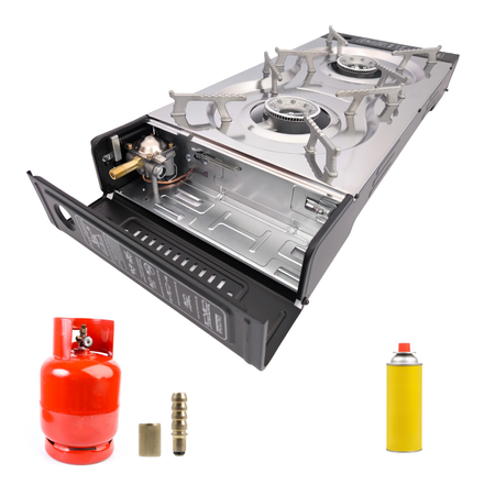 HERMON Dwupalnikowa kuchenka turystyczna  na kartusz i butle  x1 + TIROSS Patelnia / nakładka grillowa do kuchenek turystycznych TS-271 x1 + ALPEN CAMPING Kartusz Gazowy IK1004 400ml 227g x4