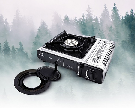 MaxiCamp Kuchenka turystyczna gazowa na kartusz INOX + Nakładka grillowa + 4 x kartusz gazowy