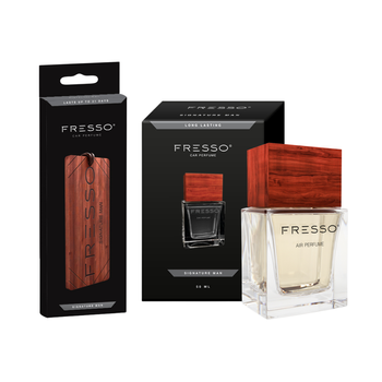 FRESSO Signature Man drewniana zawieszka zapachowa + perfumy samochodowe 50ml