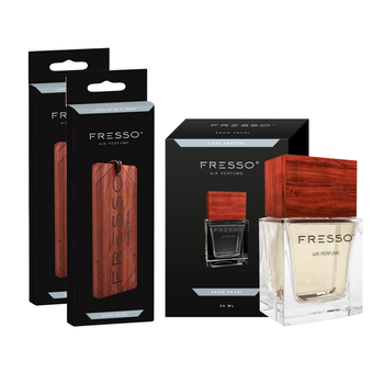 FRESSO Snow Pearl drewniana zawieszka zapachowa x2 + perfumy samochodowe 50ml