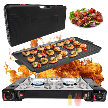 HERMON Dwupalnikowa kuchenka turystyczna  na kartusz i butle  x1 + TIROSS Patelnia / nakładka grillowa do kuchenek turystycznych TS-271 x1