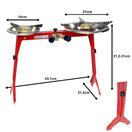 AG Kuchenka turystyczna podwójna na butle gazową ASIA2 średnia dwa palniki Ø14cm+ Ø21cm 2x1,8kW + VITKOVICE MILMET Butla gazowa turystyczna 1kg 2,4l przyłącze 3/8'' od góry PROPAN - BUTAN, LPG