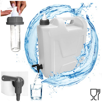 SimplyCan Pojemnik na wodę 20L ATEST bezbarwny z plastikowym kranikiem HEAVY DUTY x1  + SimplyCan Dozownik mydła do kanistra 150 ml DIN51 grafitowy x1