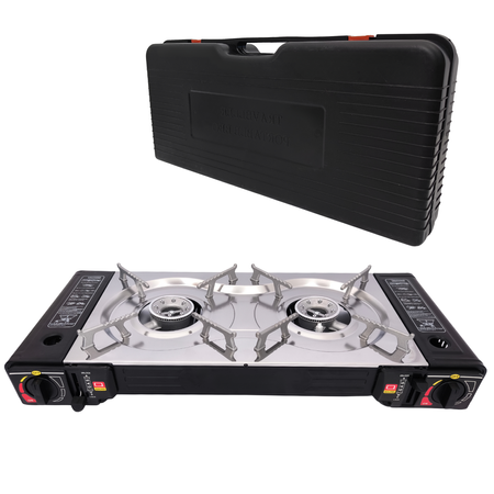 HERMON Dwupalnikowa kuchenka turystyczna  na kartusz i butle  x1 + TIROSS Patelnia / nakładka grillowa do kuchenek turystycznych TS-271 x1