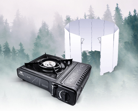 MaxiCamp Kuchenka turystyczna gazowa na kartusz BLACK + Osłona przeciwwiatrowa