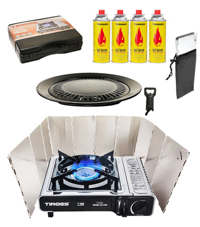 TIROSS Kuchenka turystyczna TS-265 x1 + ALPEN CAMPING Osłona przeciwwiatrowa do kuchenki turystycznej x1 + TIROSS Kartusz Gazowy TS700 400ml 227g x4 + IMEX Nakładka grillowa 30,5cm x1