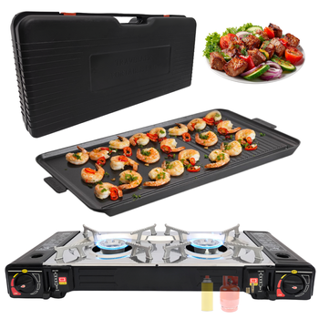 Kuchenka dwupalnikowa ze stali nierdzewnej w walizce z tworzywa sztucznego  x1 + TIROSS Patelnia / nakładka grillowa do kuchenek turystycznych TS-271 x1