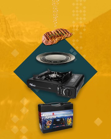 ALPEN CAMPING Kuchenka turystyczna TYROL IK002 x1 + ALPEN CAMPING Kartusz Gazowy IK1004 400ml 227g x4 + IMEX Nakładka grillowa 30,5cm x1