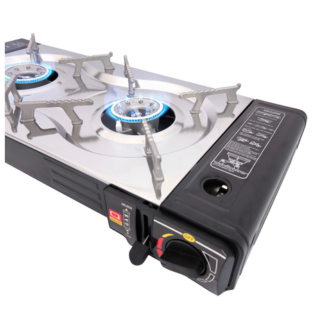 Kuchenka dwupalnikowa ze stali nierdzewnej w walizce z tworzywa sztucznego