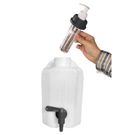 SimplyCan Pojemnik na wodę 5L ATEST bezbarwny z plastikowym kranikiem HEAVY DUTY x1  + SimplyCan Dozownik mydła do kanistra 150 ml DIN51 grafitowy x1