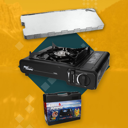 ALPEN CAMPING Kuchenka turystyczna TYROL IK002 x1 +  ALPEN CAMPING Osłona przeciwwiatrowa do kuchenki turystycznej + ALPEN CAMPING Kartusz Gazowy IK1004 400ml 227g x4