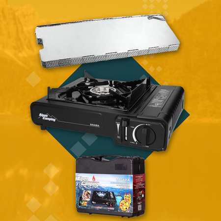 ALPEN CAMPING Kuchenka turystyczna BAVARIA IT001 + ALPEN CAMPING Osłona przeciwwiatrowa do kuchenki turystycznej + ALPEN CAMPING Kartusz Gazowy IK1004 400ml 227g x4 + IMEX Nakładka grillowa 30,5cm x1