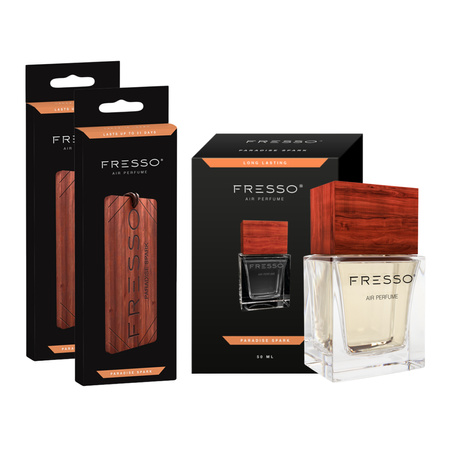 FRESSO Paradise Spark drewniana zawieszka x2 + perfumy samochodowe 50ml