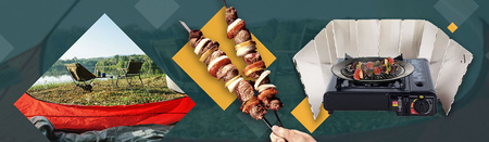HAPPY HOME Kuchenka turystyczna 2w1 x1 + ALPEN CAMPING Osłona przeciwwiatrowa do kuchenki turystycznej x1 +  IMEX Nakładka grillowa 30,5cm x1 +  ALPEN CAMPING Kartusz Gazowy IK1004 400ml 227g x8