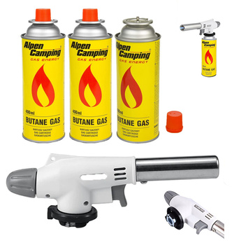 FLAME GUN Palnik gazowy z piezo zapalarką 920 x1 +  ALPEN CAMPING Kartusz Gazowy IK1004 400ml 227g x3