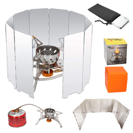 ALPEN CAMPING Kuchenka turystyczna PATAGONIA + ALPEN CAMPING Osłona przeciwwiatrowa do kuchenki turystycznej