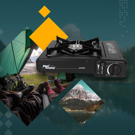 ALPEN CAMPING Kuchenka turystyczna BAVARIA IT001 x1 + ALPEN CAMPING Kartusz Gazowy IK1004 400ml 227g x4 + IMEX Nakładka grillowa 30,5cm x1