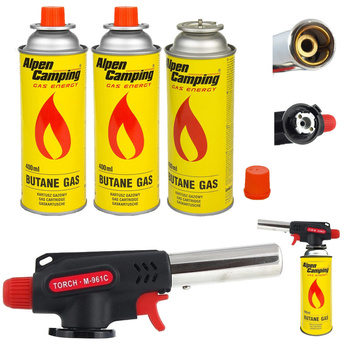 FLAME GUN Palnik gazowy 360° z piezo zapalarką M-961C x1 +  ALPEN CAMPING Kartusz Gazowy IK1004 400ml 227g x3