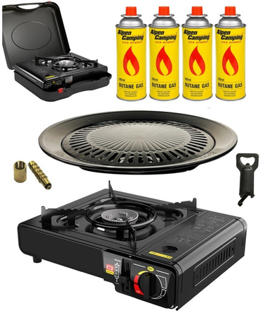 HAPPY HOME Kuchenka turystyczna 2w1 x1 + ALPEN CAMPING Kartusz Gazowy IK1004 400ml 227g x4 + IMEX Nakładka grillowa 30,5cm x1