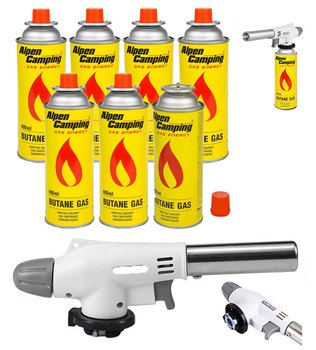 FLAME GUN Palnik gazowy z piezo zapalarką 920 x1 +  ALPEN CAMPING Kartusz Gazowy IK1004 400ml 227g x7