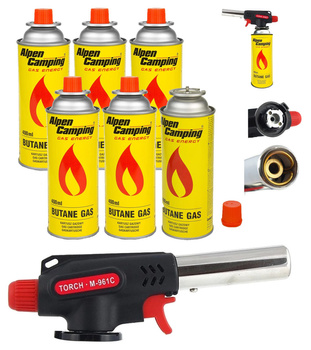 FLAME GUN Palnik gazowy 360° z piezo zapalarką M-961C x1 +  ALPEN CAMPING Kartusz Gazowy IK1004 400ml 227g x6