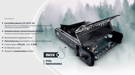 MaxiCamp Kuchenka turystyczna gazowa na kartusz INOX + Osłona przeciwwiatrowa + 4 x kartusz gazowy