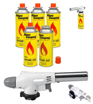 FLAME GUN Palnik gazowy z piezo zapalarką 920 x1 +  ALPEN CAMPING Kartusz Gazowy IK1004 400ml 227g x5