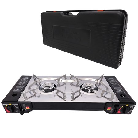 Kuchenka dwupalnikowa ze stali nierdzewnej w walizce z tworzywa sztucznego