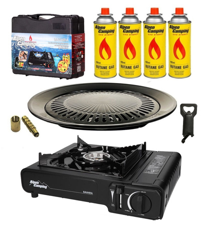 ALPEN CAMPING Kuchenka turystyczna BAVARIA IT001 x1 + ALPEN CAMPING Kartusz Gazowy IK1004 400ml 227g x4 + IMEX Nakładka grillowa 30,5cm x1