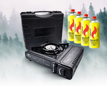 MaxiCamp Kuchenka turystyczna gazowa na kartusz BLACK + 4 x kartusz gazowy