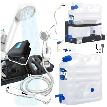 SimplyCan Prysznic turystyczny bezprzewodowy z akumulatorem  + Pojemnik na wodę pitną 15L (max. 17L) ATEST +  Metalowy uchwyt mocowanie