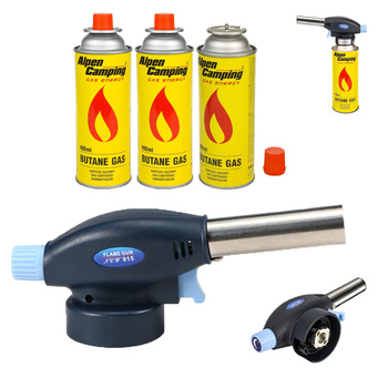 FLAME GUN Palnik gazowy z piezo zapalarką 915 x1 +  ALPEN CAMPING Kartusz Gazowy IK1004 400ml 227g x3