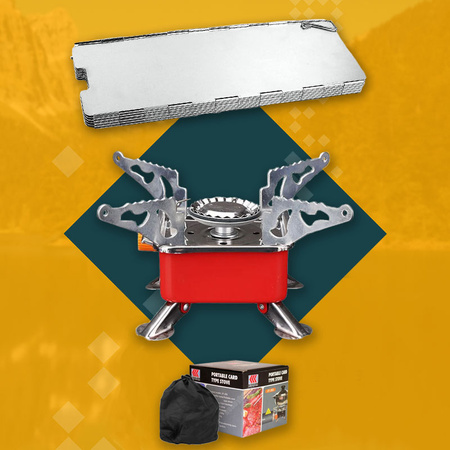 HAPPY HOME Mini Kuchenka turystyczna gazowa + ALPEN CAMPING Osłona przeciwwiatrowa do kuchenki turystycznej x1 + TIROSS Kartusz Gazowy TS700 400ml 227g x4