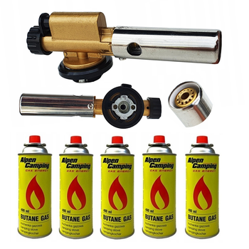 FLAME GUN Palnik gazowy z piezo zapalarką żeliwny + ALPEN CAMPING Kartusz Gazowy IK1004 400ml 227g x5