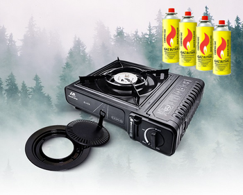MaxiCamp Kuchenka turystyczna gazowa na kartusz BLACK + Nakładka grillowa + 4 x kartusz gazowy