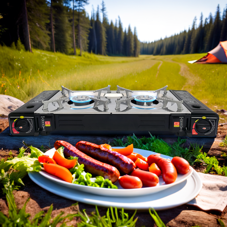 HERMON Dwupalnikowa kuchenka turystyczna  na kartusz i butle  x1 + TIROSS Patelnia / nakładka grillowa do kuchenek turystycznych TS-271 x1 + ALPEN CAMPING Kartusz Gazowy IK1004 400ml 227g x4