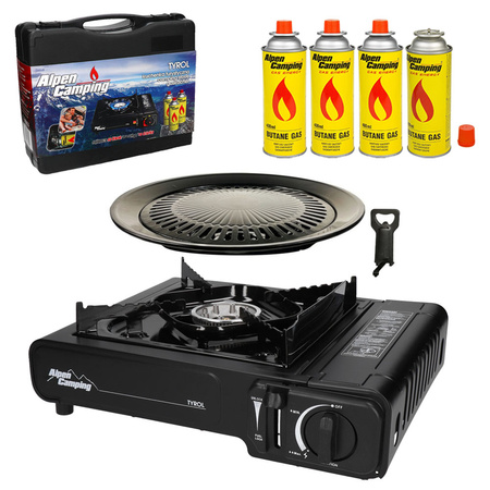 ALPEN CAMPING Kuchenka turystyczna TYROL IK002 x1 + ALPEN CAMPING Kartusz Gazowy IK1004 400ml 227g x4 + IMEX Nakładka grillowa 30,5cm x1