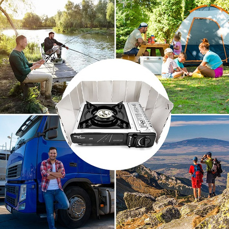 MaxiCamp Kuchenka turystyczna gazowa na kartusz INOX + Osłona przeciwwiatrowa