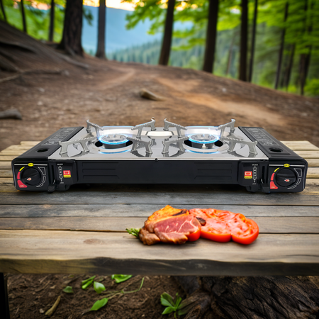 HERMON Dwupalnikowa kuchenka turystyczna  na kartusz i butle  x1 + TIROSS Patelnia / nakładka grillowa do kuchenek turystycznych TS-271 x1 + ALPEN CAMPING Kartusz Gazowy IK1004 400ml 227g x4