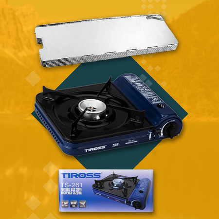 TIROSS Kuchenka turystyczna TS-261 x1 + ALPEN CAMPING Osłona przeciwwiatrowa do kuchenki turystycznej x1 + TIROSS Kartusz Gazowy TS700 400ml 227g x8