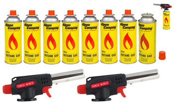 FLAME GUN Palnik gazowy 360° z piezo zapalarką M-961C x2 +  ALPEN CAMPING Kartusz Gazowy IK1004 400ml 227g x8