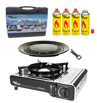 ALPEN CAMPING Kuchenka turystyczna MONT BLANC x1 +  ALPEN CAMPING Kartusz Gazowy IK1004 400ml 227g x4 + IMEX Nakładka grillowa 30,5cm x1