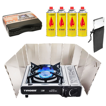 TIROSS Kuchenka turystyczna TS-265 x1 + ALPEN CAMPING Osłona przeciwwiatrowa do kuchenki turystycznej x1 +  TIROSS Kartusz Gazowy TS700 400ml 227g x4