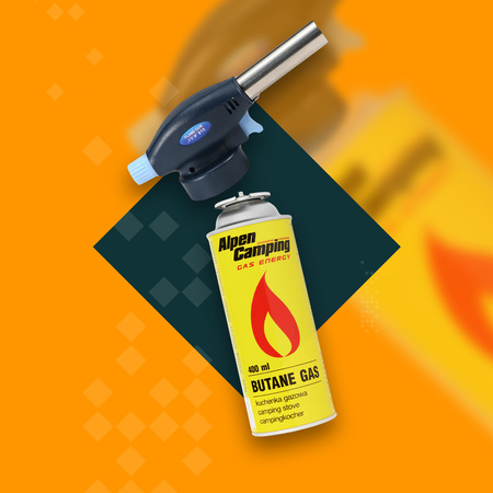 FLAME GUN Palnik gazowy z piezo zapalarką 915 x2 + ALPEN CAMPING Kartusz Gazowy IK1004 400ml 227g x8