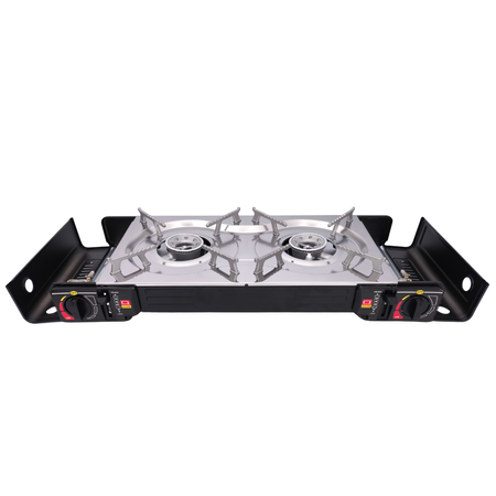 HERMON Dwupalnikowa kuchenka turystyczna  na kartusz i butle  x1 + TIROSS Patelnia / nakładka grillowa do kuchenek turystycznych TS-271 x1 + ALPEN CAMPING Kartusz Gazowy IK1004 400ml 227g x4