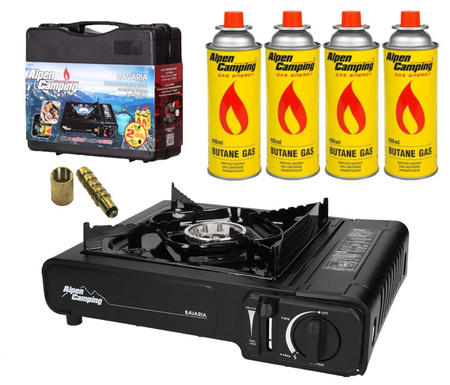 ALPEN CAMPING Kuchenka turystyczna BAVARIA IT001 x1 + ALPEN CAMPING Kartusz Gazowy IK1004 400ml 227g x4
