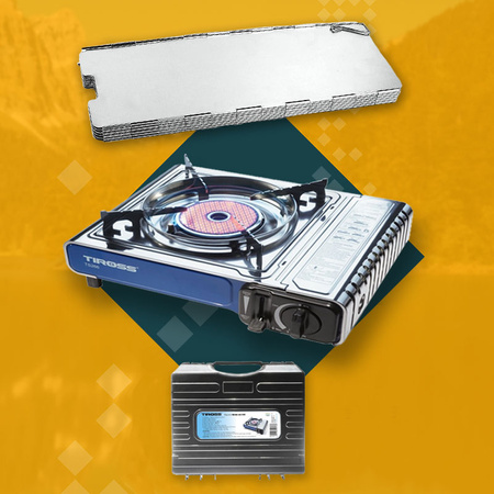 TIROSS Kuchenka turystyczna TS-266 x1 + ALPEN CAMPING Osłona przeciwwiatrowa do kuchenki turystycznej x1